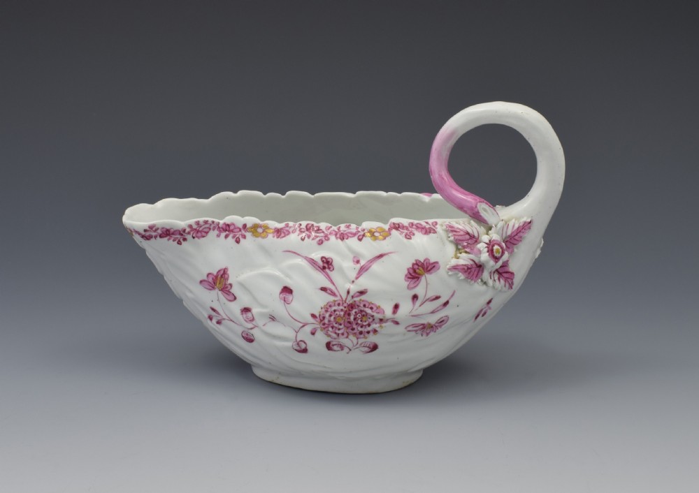 Derby Porcelain Leaf Shape Sauceboat Pink Enamel c.1760 Sauce Boat
