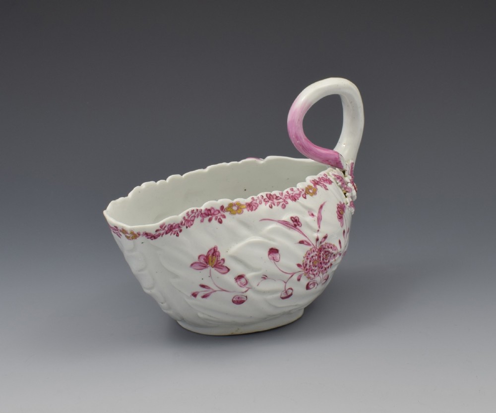 Derby Porcelain Leaf Shape Sauceboat Pink Enamel c.1760 Sauce Boat View II