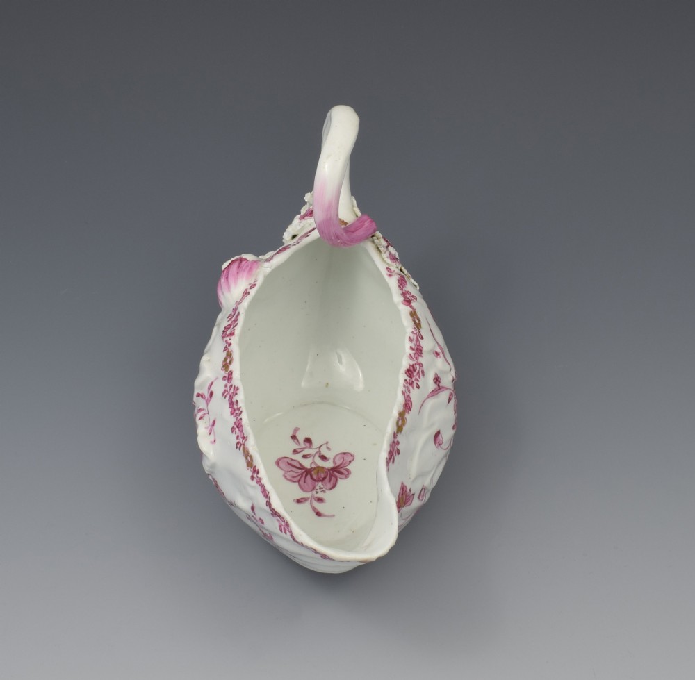 Derby Porcelain Leaf Shape Sauceboat Pink Enamel c.1760 Sauce Boat View III