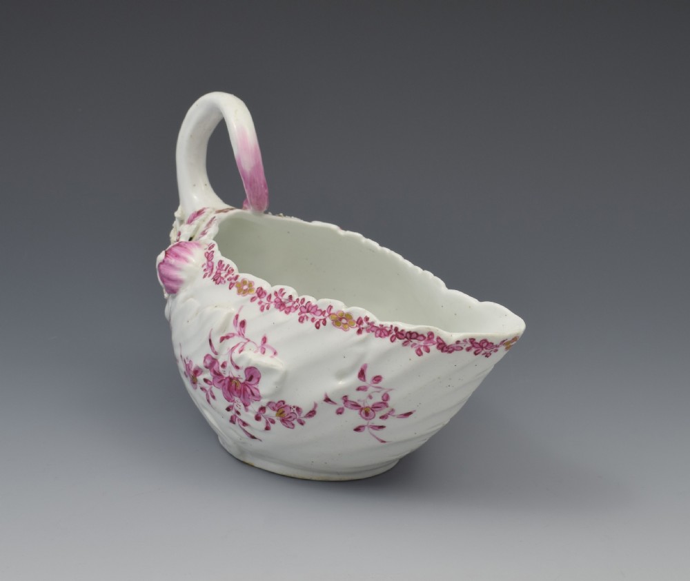 Derby Porcelain Leaf Shape Sauceboat Pink Enamel c.1760 Sauce Boat View IV