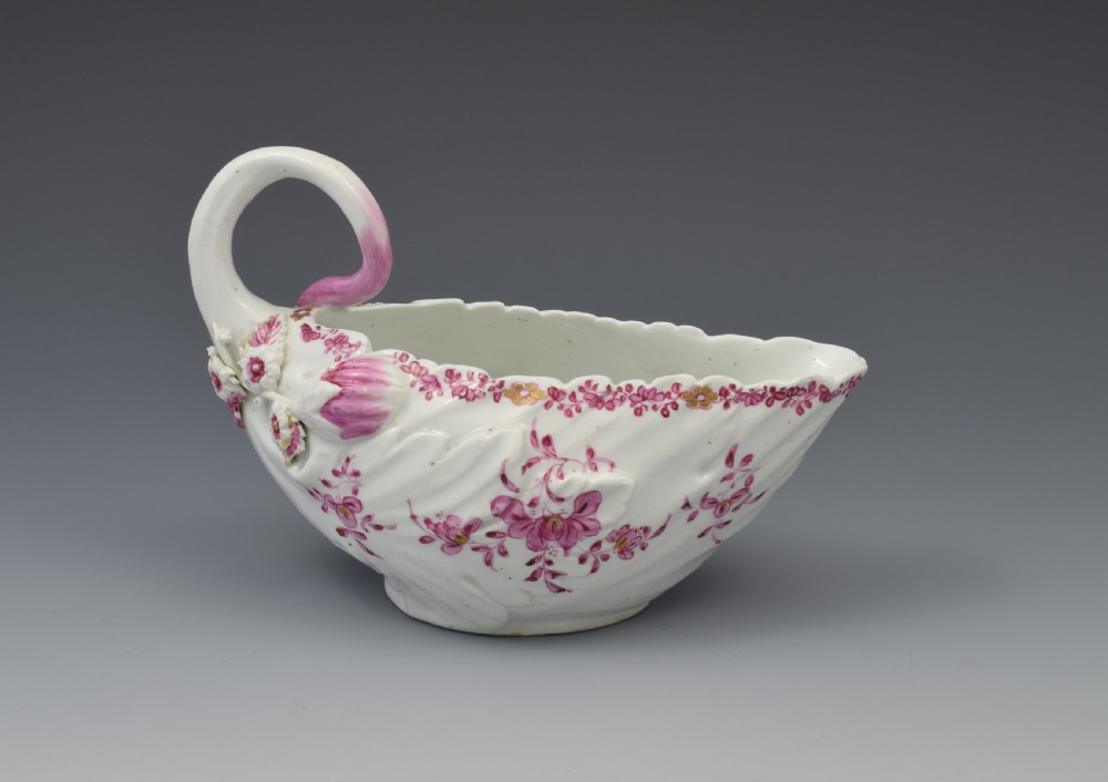 Derby Porcelain Leaf Shape Sauceboat Pink Enamel c.1760 Sauce Boat View V