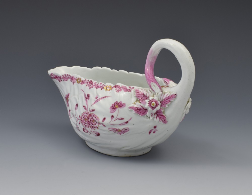 Derby Porcelain Leaf Shape Sauceboat Pink Enamel c.1760 Sauce Boat View X