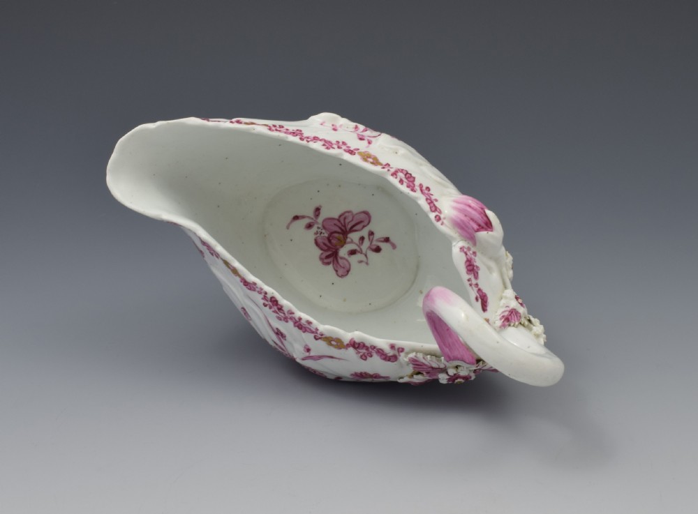 Derby Porcelain Leaf Shape Sauceboat Pink Enamel c.1760 Sauce Boat View XI
