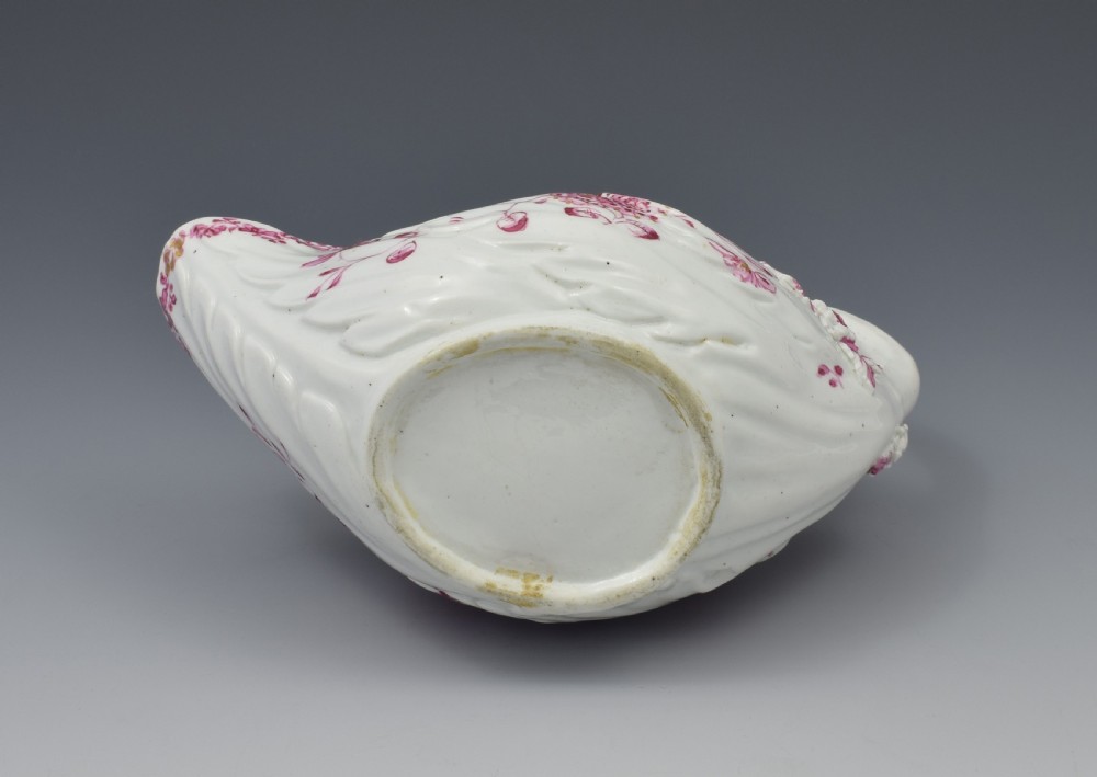 Derby Porcelain Leaf Shape Sauceboat Pink Enamel c.1760 Sauce Boat View XII