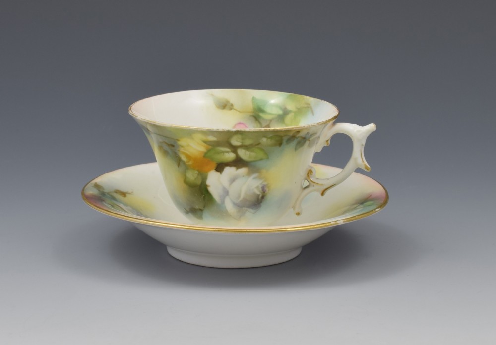 Edwardian Royal Worcester Cup & Saucer Hadley Roses 1909 View II
