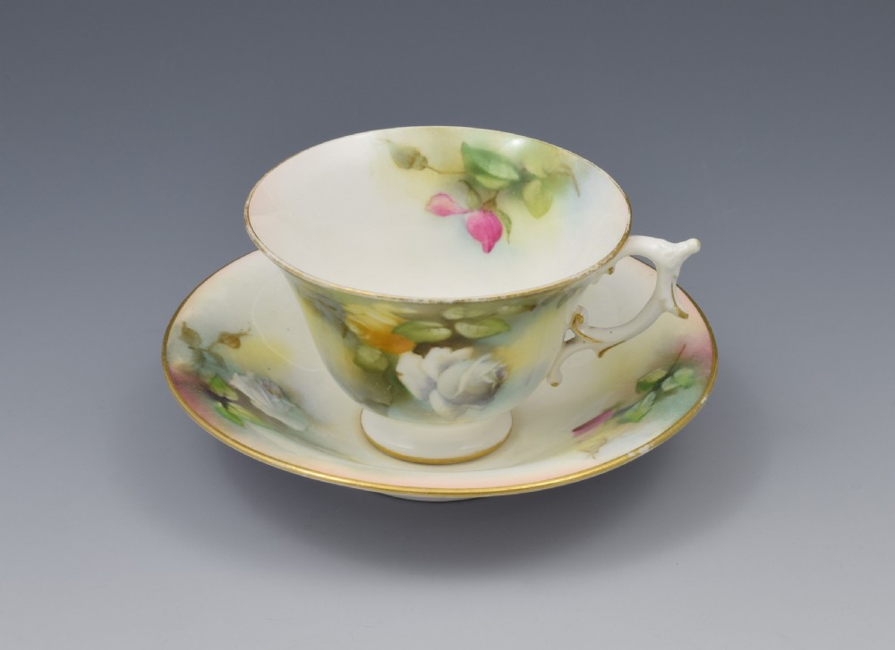 Edwardian Royal Worcester Cup & Saucer Hadley Roses 1909 View III