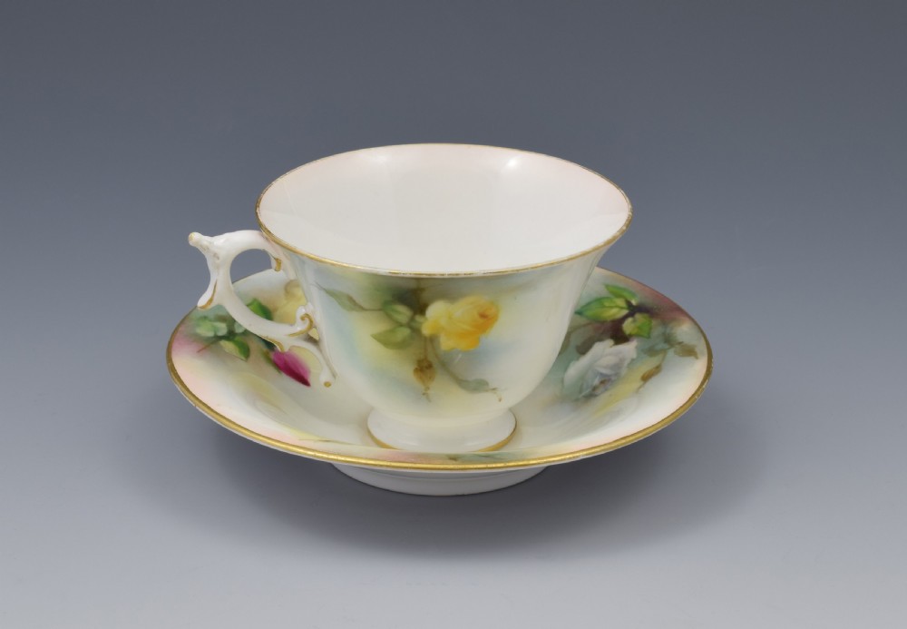 Edwardian Royal Worcester Cup & Saucer Hadley Roses 1909 View IV