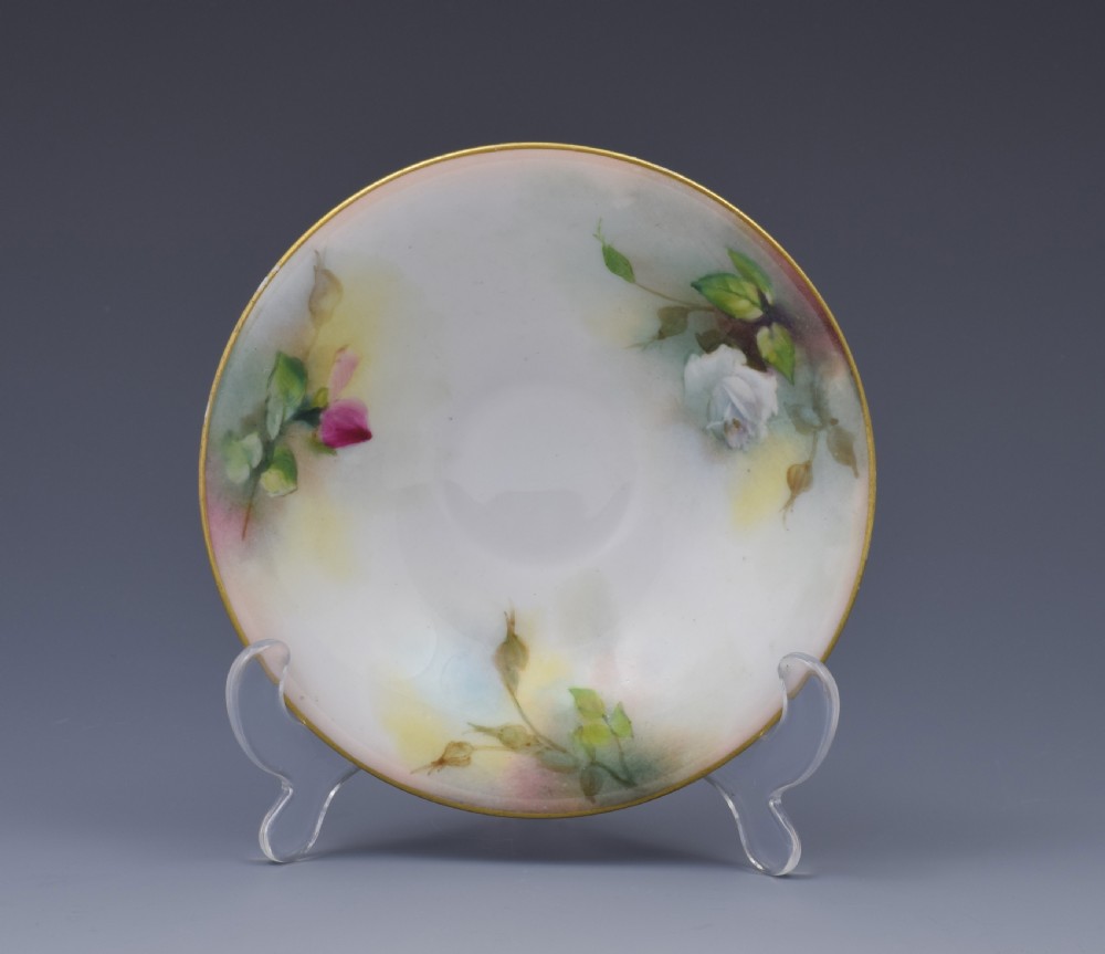 Edwardian Royal Worcester Cup & Saucer Hadley Roses 1909 View V
