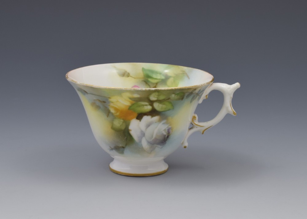 Edwardian Royal Worcester Cup & Saucer Hadley Roses 1909 View VIII