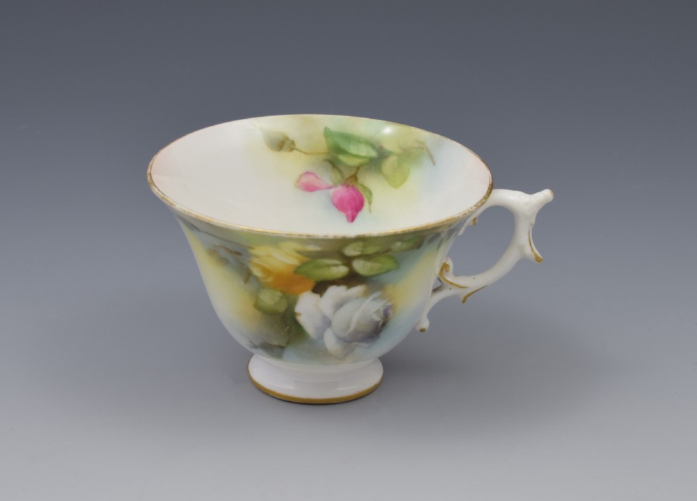 Edwardian Royal Worcester Cup & Saucer Hadley Roses 1909 View X