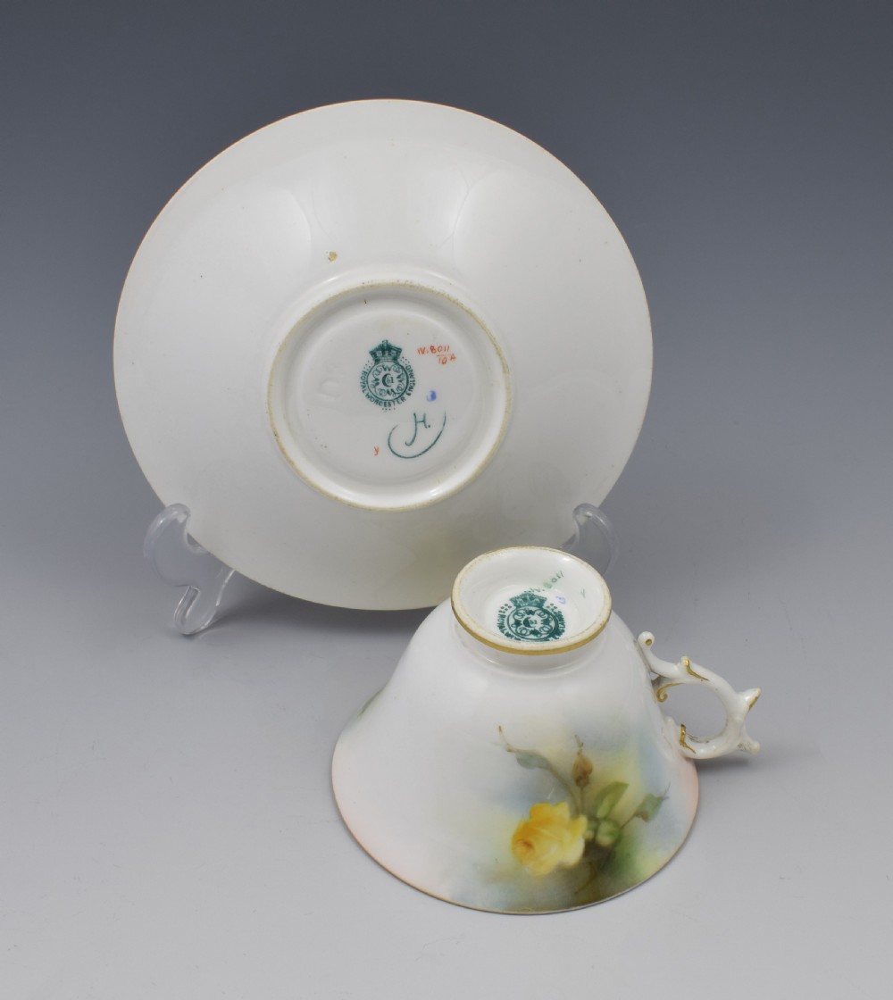 Edwardian Royal Worcester Cup & Saucer Hadley Roses 1909 View XI
