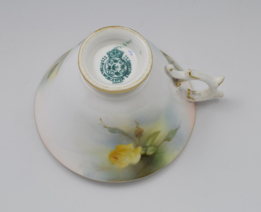 Edwardian Royal Worcester Cup & Saucer Hadley Roses 1909 View XII