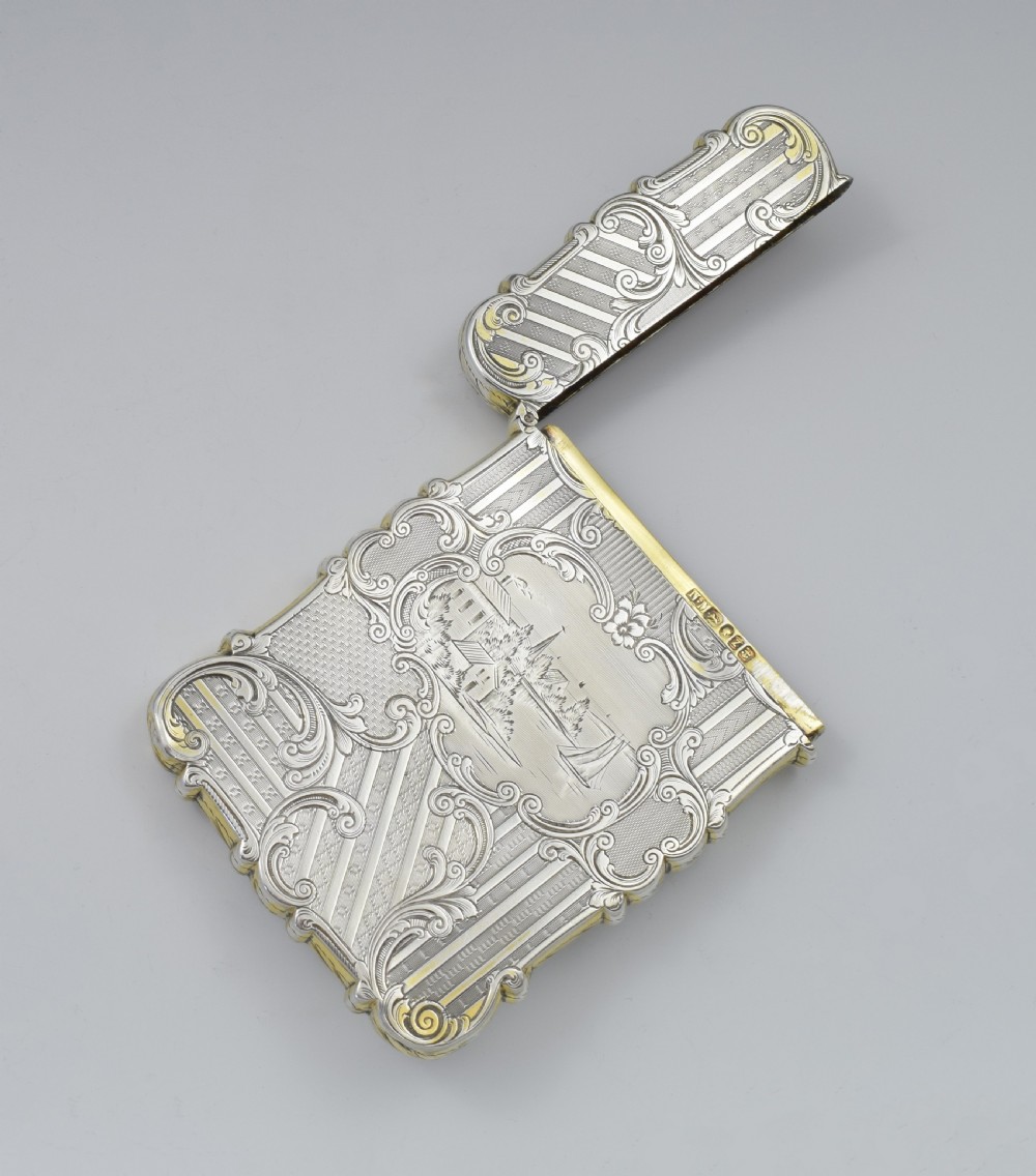 Victorian Silver Card Case Nathaniel Mills Engraved Lake Coastal Scene View V