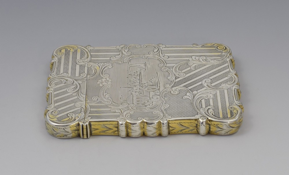 Victorian Silver Card Case Nathaniel Mills Engraved Lake Coastal Scene View IX