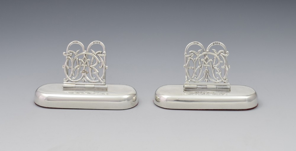 Pair Victorian Silver Custom Monogram Hinged Menu Place Card Holders RW View II