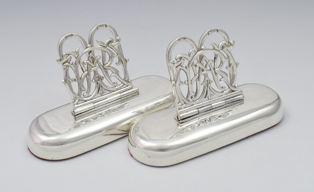 Pair Victorian Silver Custom Monogram Hinged Menu Place Card Holders RW View VII