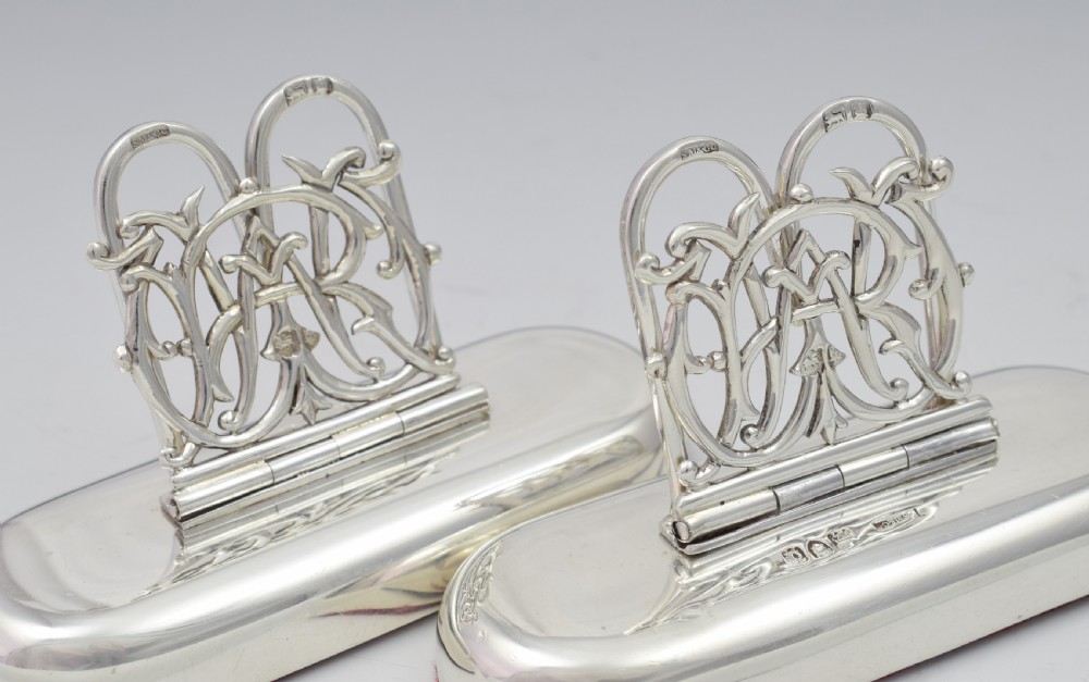 Pair Victorian Silver Custom Monogram Hinged Menu Place Card Holders RW View IX