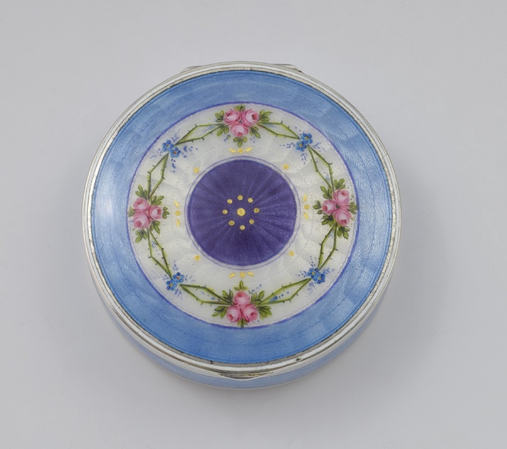 Fine German 935 Silver & Guilloche Enamel Box With Painted Flowers c.1920 