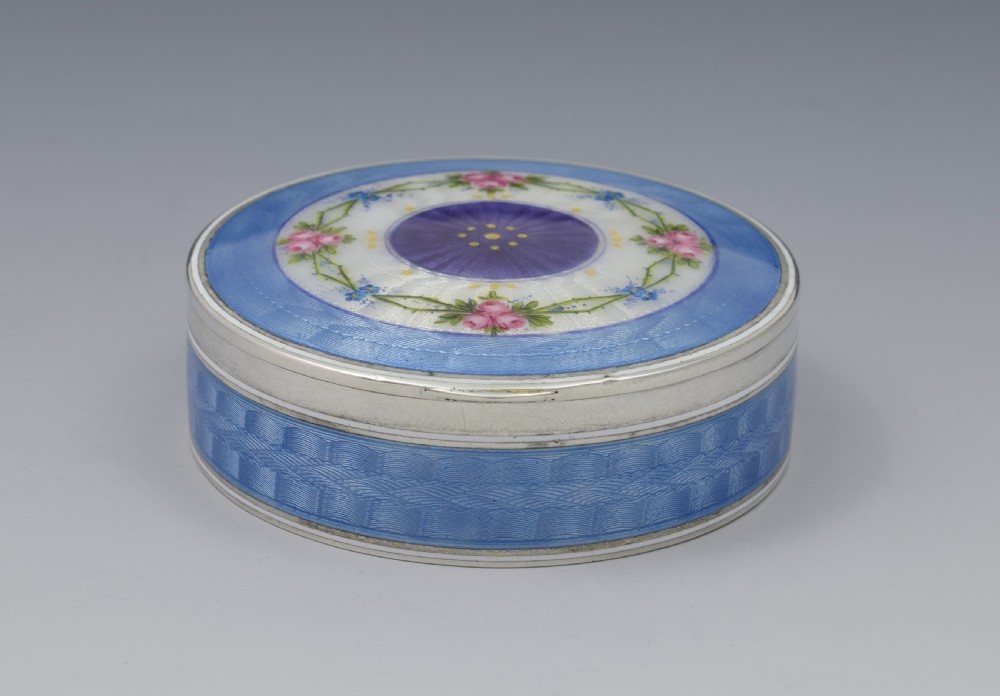 Fine German 935 Silver & Guilloche Enamel Box With Painted Flowers c.1920  View III