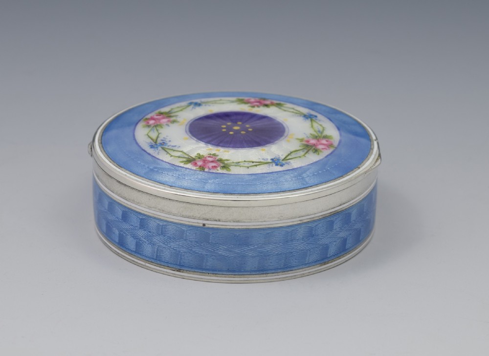 Fine German 935 Silver & Guilloche Enamel Box With Painted Flowers c.1920  View V