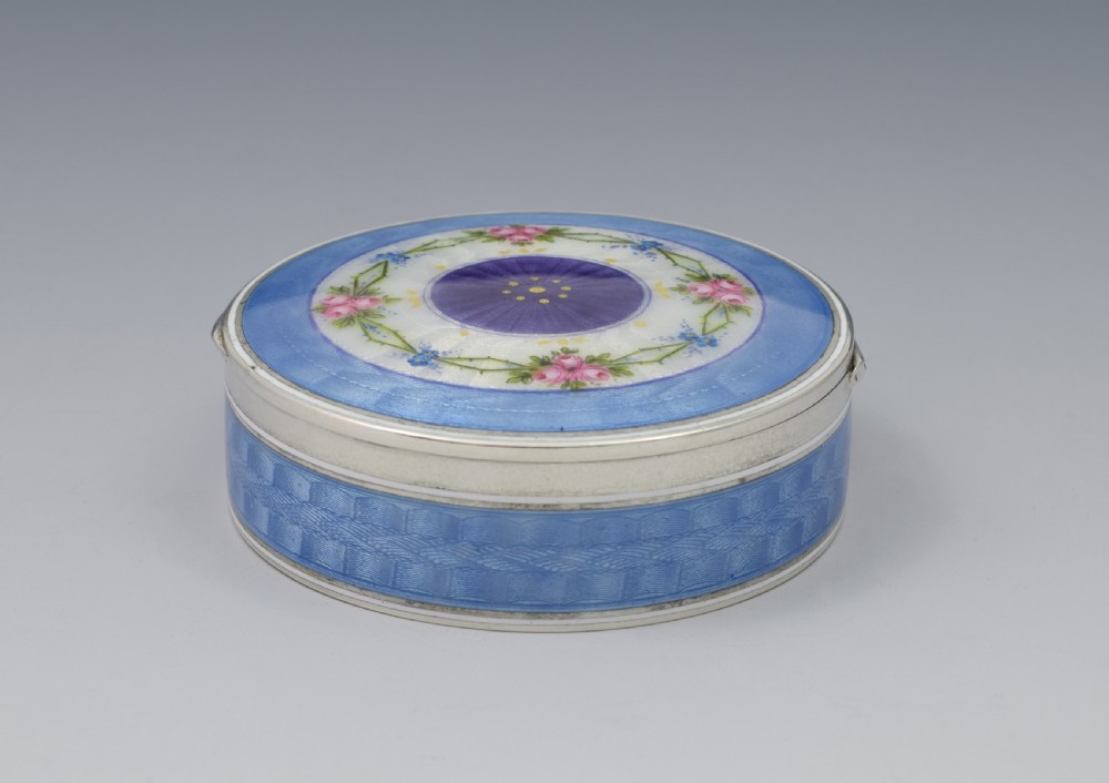 Fine German 935 Silver & Guilloche Enamel Box With Painted Flowers c.1920  View VI