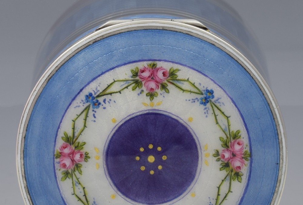 Fine German 935 Silver & Guilloche Enamel Box With Painted Flowers c.1920  View VIII