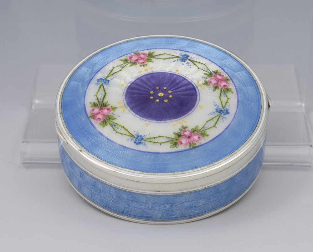Fine German 935 Silver & Guilloche Enamel Box With Painted Flowers c.1920  View XII