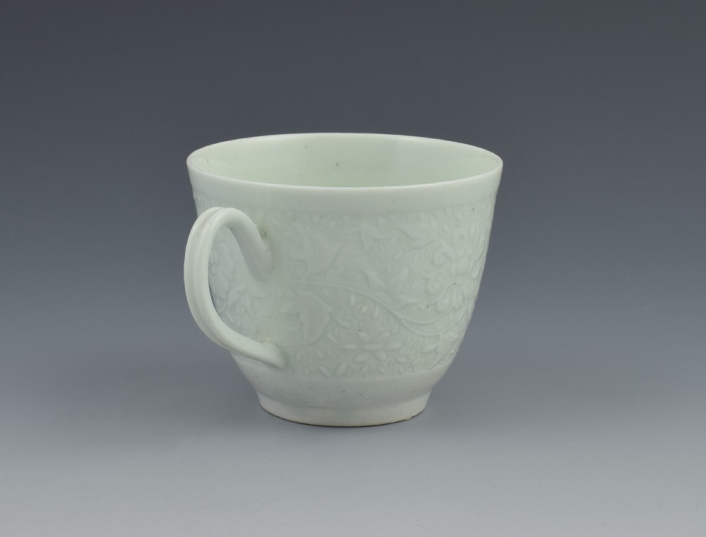 First Period Worcester White Glazed Chrysanthemum Relief Moulded Coffee Cup View II