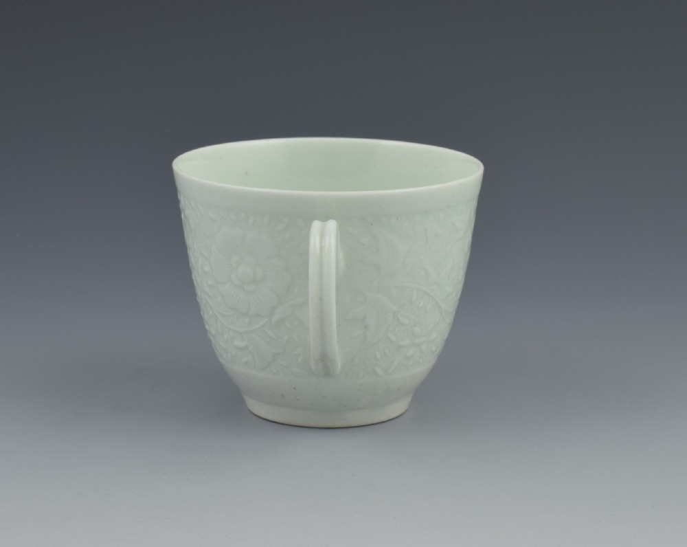 First Period Worcester White Glazed Chrysanthemum Relief Moulded Coffee Cup View III