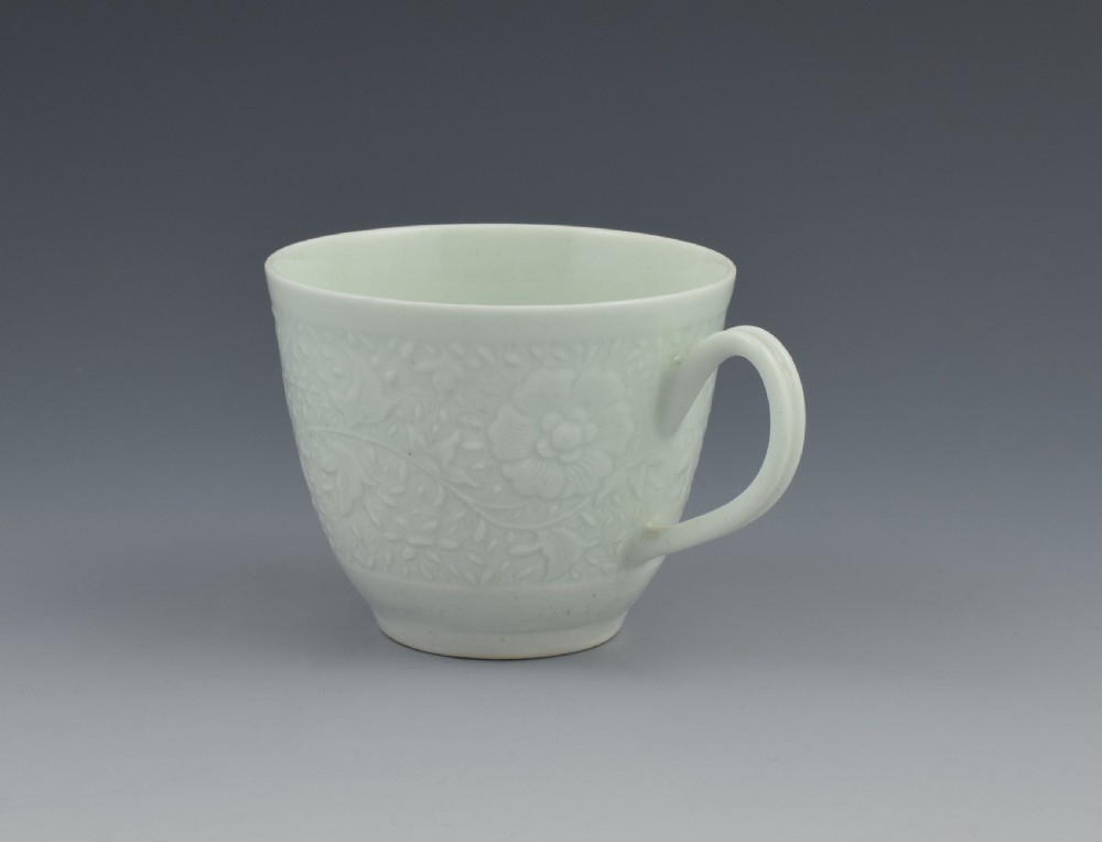 First Period Worcester White Glazed Chrysanthemum Relief Moulded Coffee Cup View IV