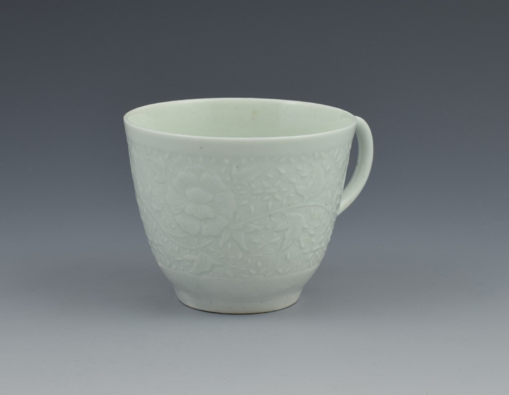 First Period Worcester White Glazed Chrysanthemum Relief Moulded Coffee Cup View VI
