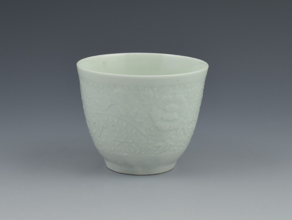 First Period Worcester White Glazed Chrysanthemum Relief Moulded Coffee Cup View VII