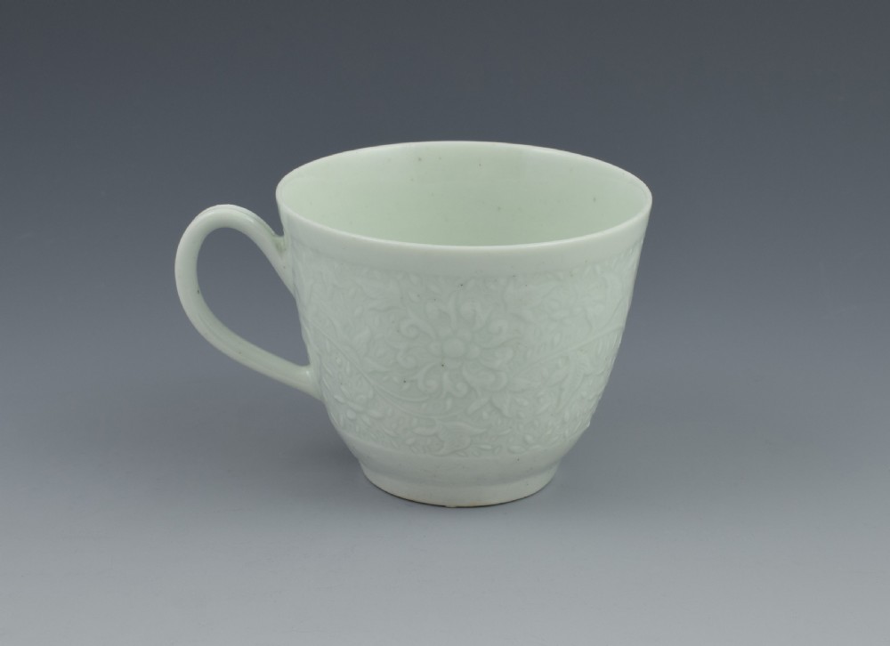First Period Worcester White Glazed Chrysanthemum Relief Moulded Coffee Cup View XI