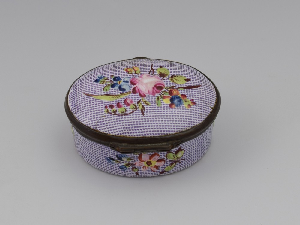 18thC Staffordshire Bilston Enamel Gingham Ground Patch Box View III