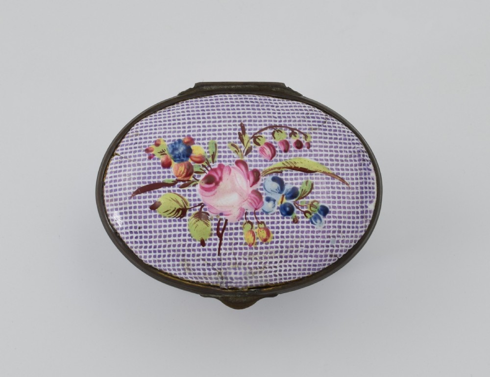 18thC Staffordshire Bilston Enamel Gingham Ground Patch Box View V