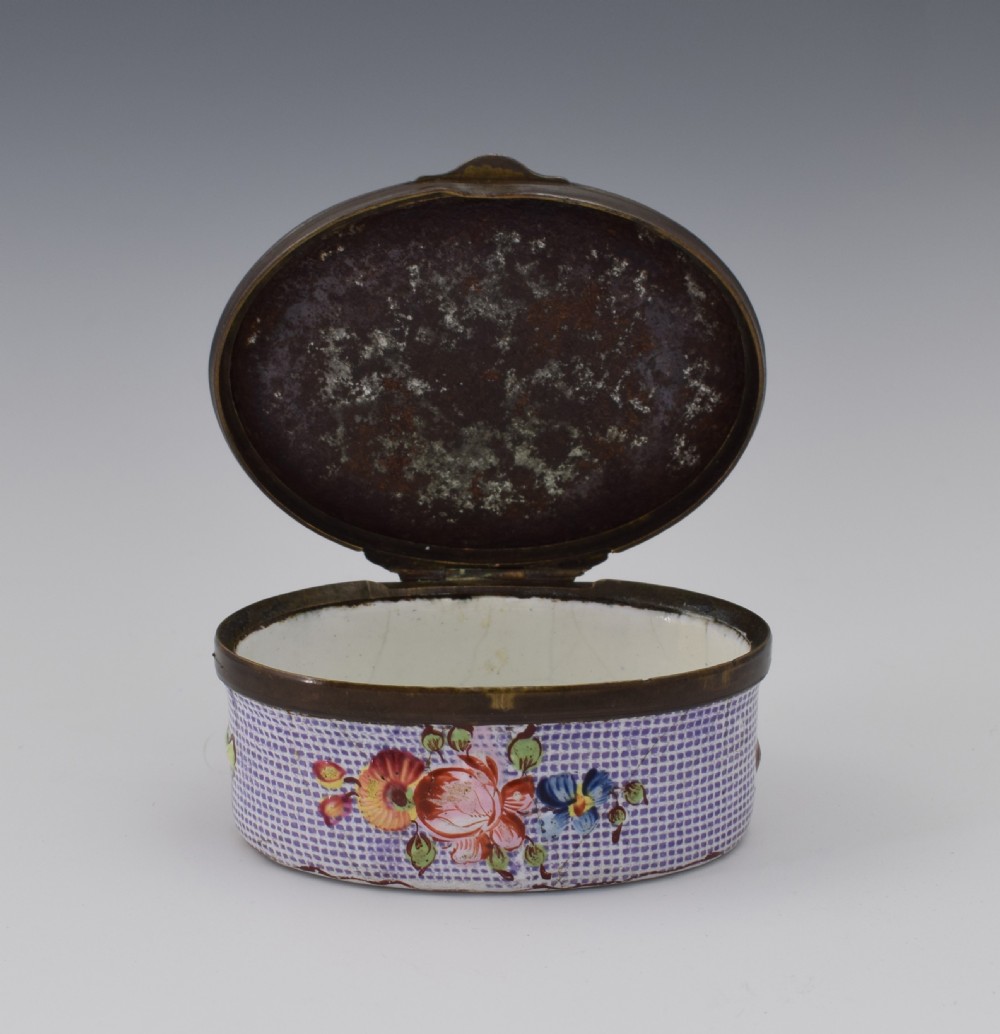 18thC Staffordshire Bilston Enamel Gingham Ground Patch Box View IX