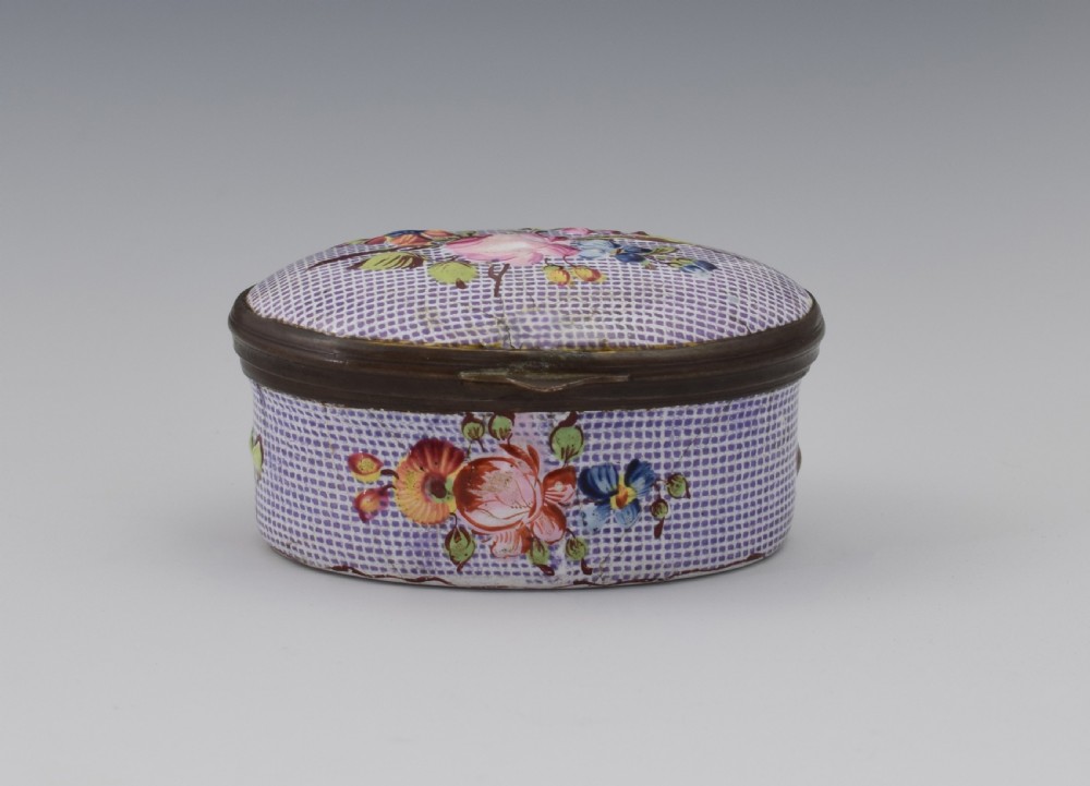 18thC Staffordshire Bilston Enamel Gingham Ground Patch Box View XI