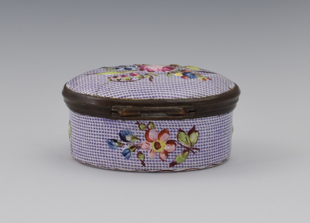 18thC Staffordshire Bilston Enamel Gingham Ground Patch Box View XIII