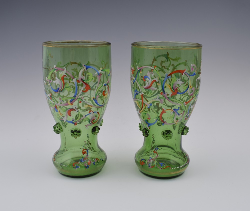 Pair 19thC Bohemian Meyr's Neffe Glass Enamelled Historismus Goblet Vases View II