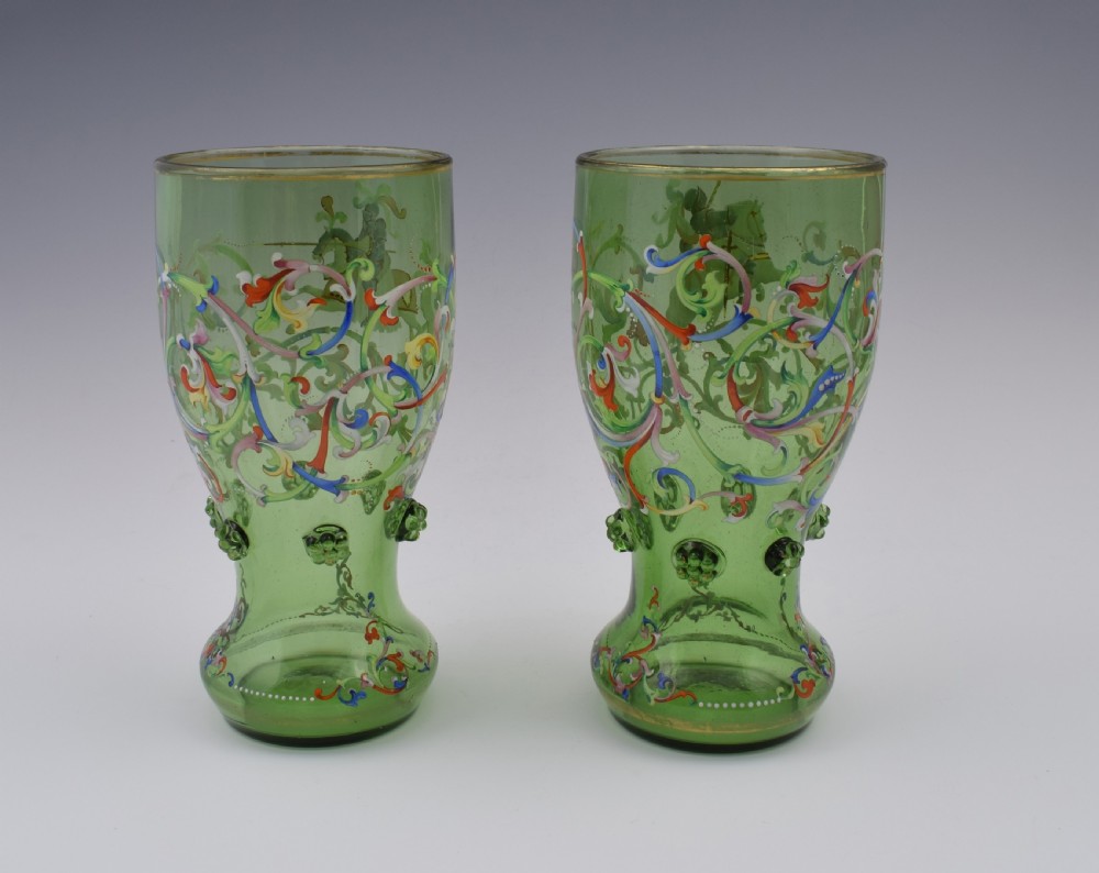 Pair 19thC Bohemian Meyr's Neffe Glass Enamelled Historismus Goblet Vases View III