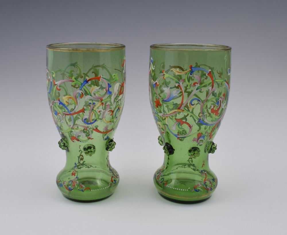 Pair 19thC Bohemian Meyr's Neffe Glass Enamelled Historismus Goblet Vases View IV