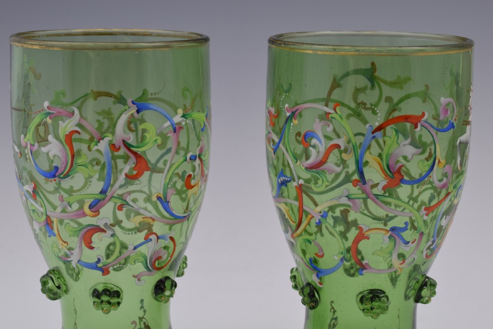 Pair 19thC Bohemian Meyr's Neffe Glass Enamelled Historismus Goblet Vases View VII