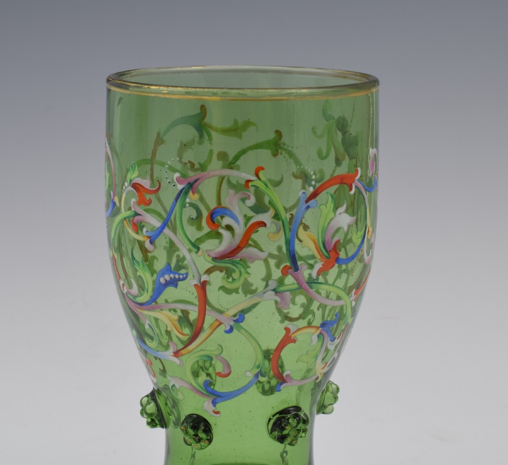 Pair 19thC Bohemian Meyr's Neffe Glass Enamelled Historismus Goblet Vases View X