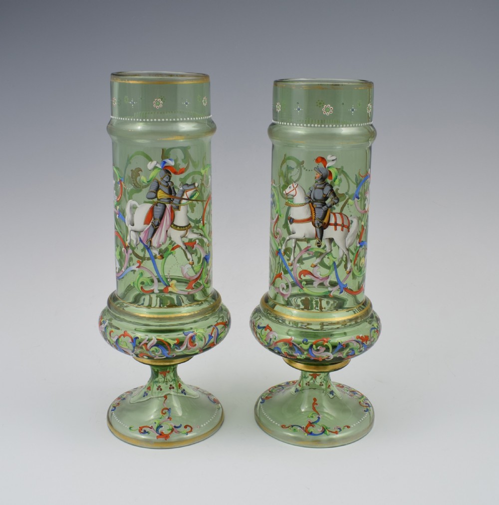 Pair Of Bohemian Meyr's Neffe Glass Enamelled Historismus Vases