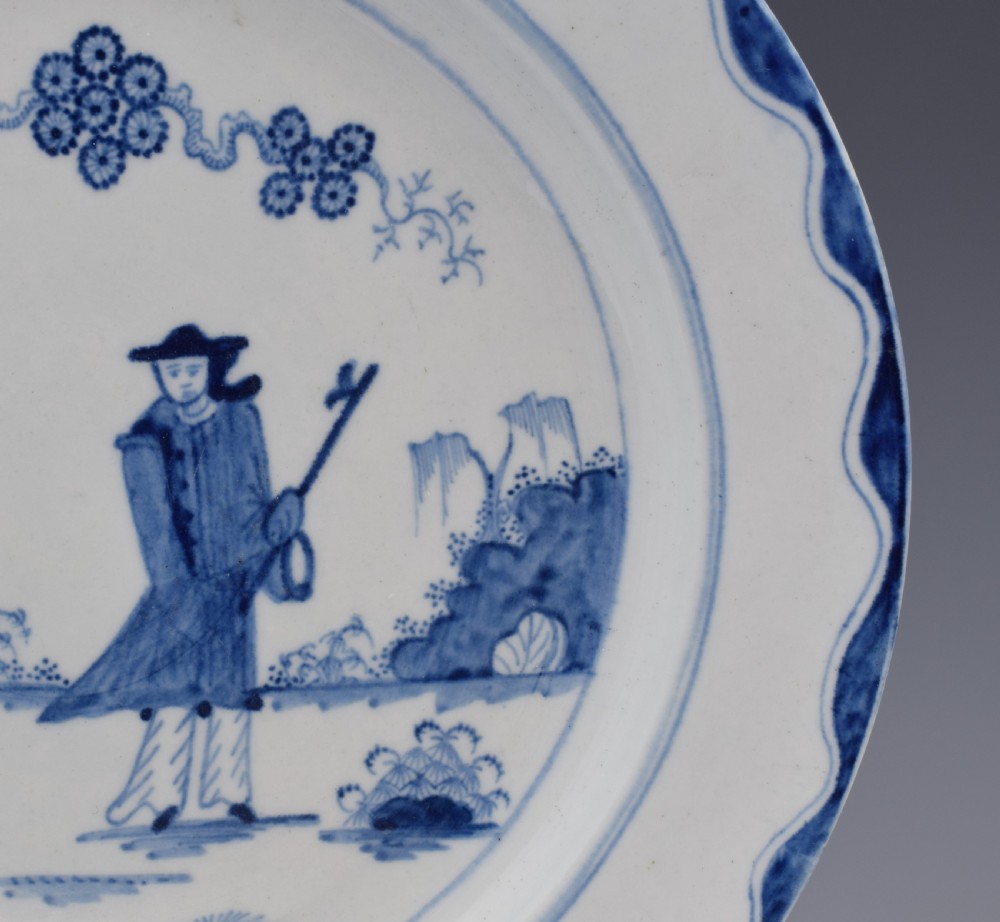 Large 18th Century Bow Porcelain Plate The Golfer & Caddy Pattern View V