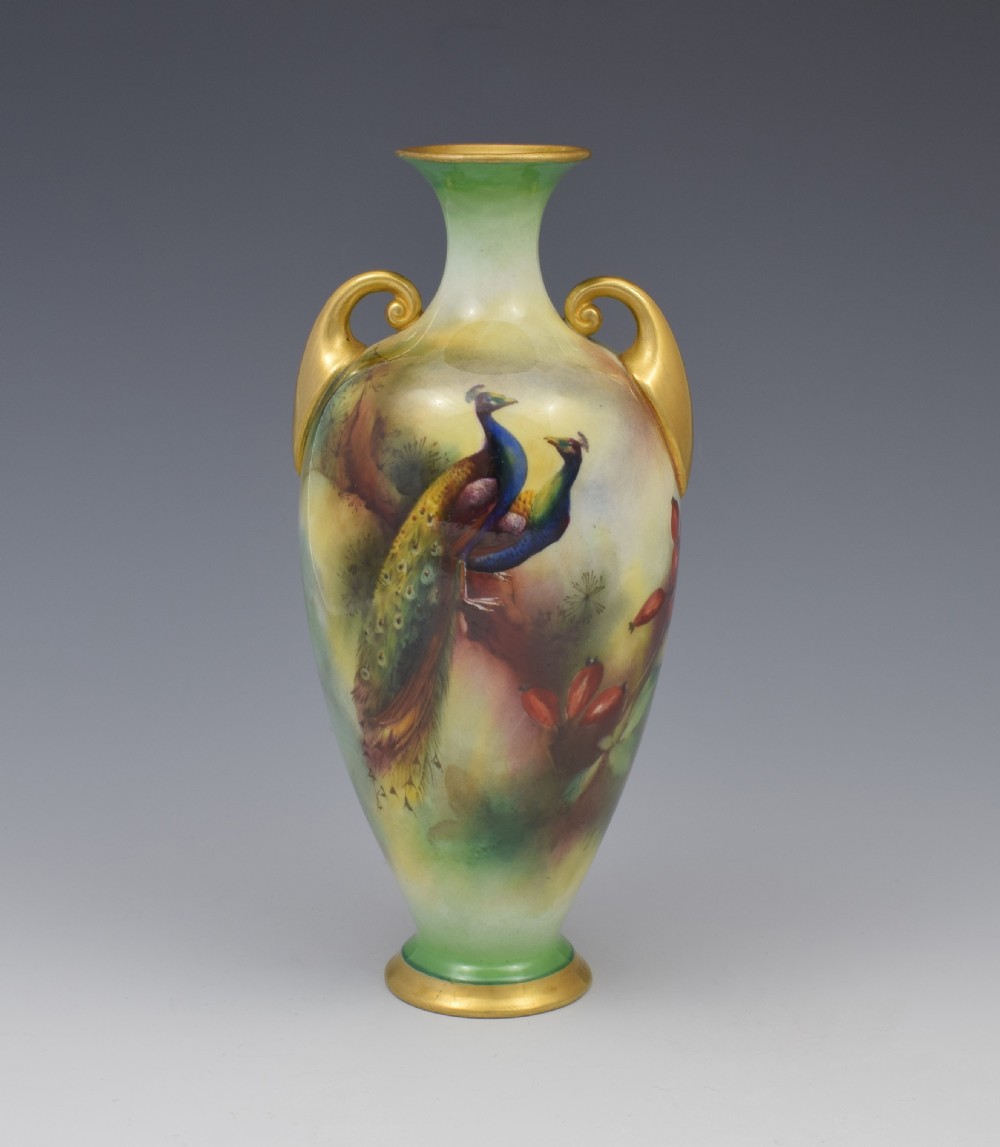 Royal Worcester Hadley Ware Vase Peacocks Henry Harry Martin 1905