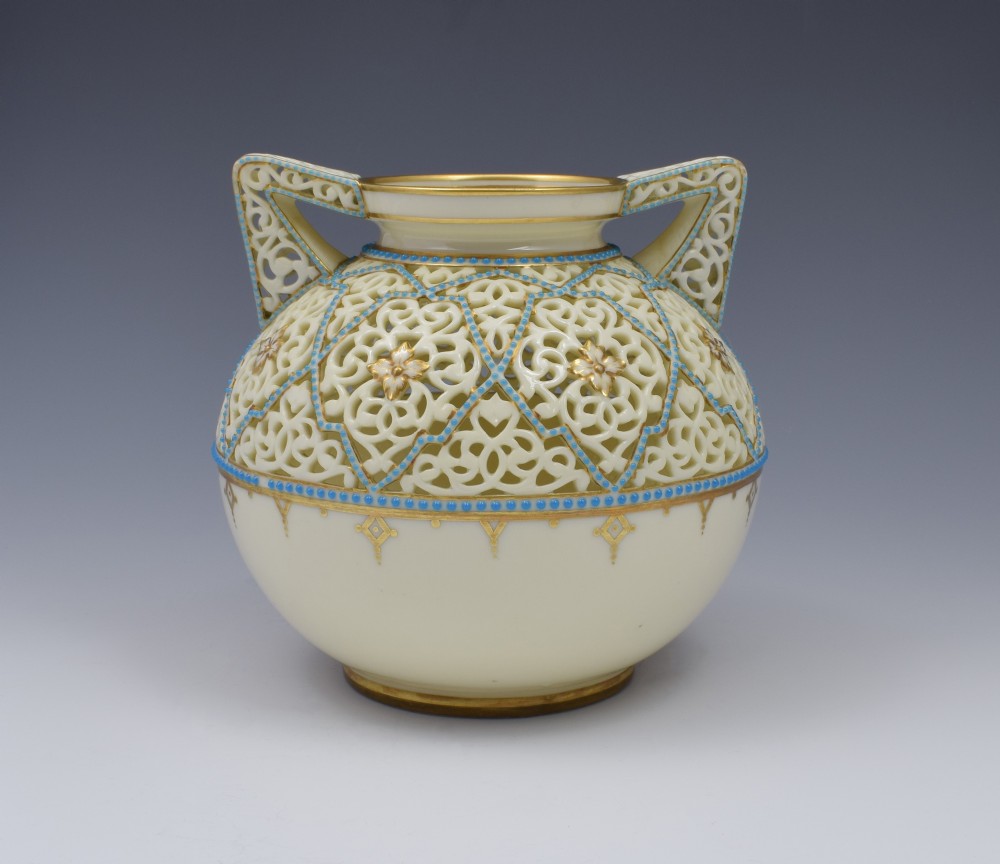 Grainger & Co. Worcester Reticulated Porcelain Vase By Alfred Barry