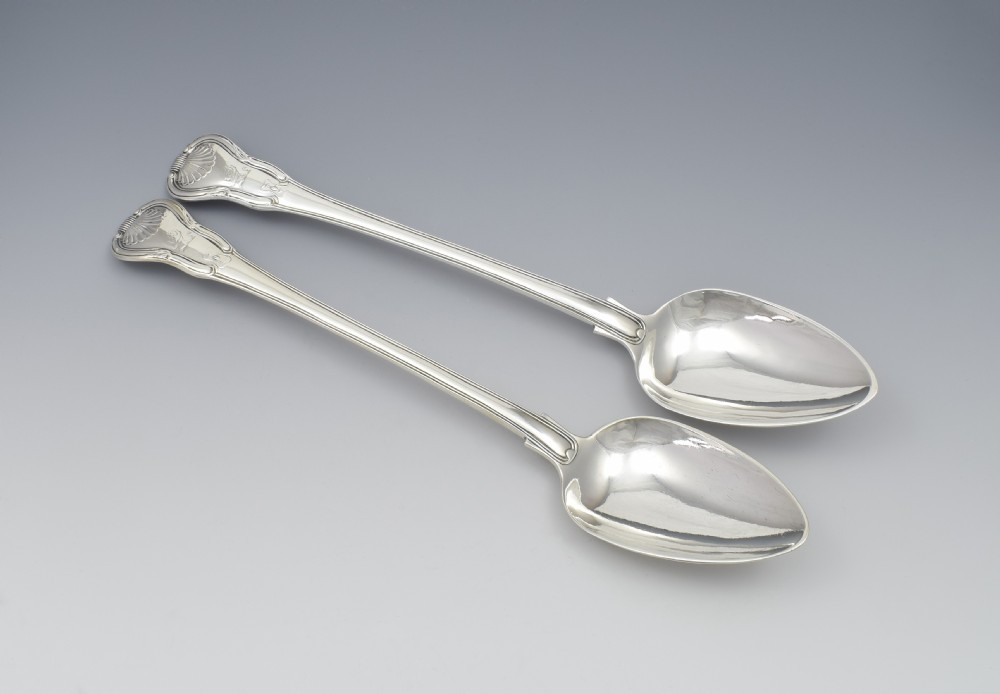 Fine Pair Heavy Georgian Exeter Silver Stuffing Basting Spoons