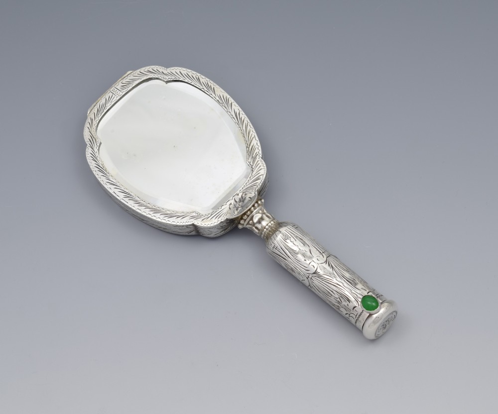 Art Deco Italian Silver Novelty Hand Mirror Compact & Lipstick Holder