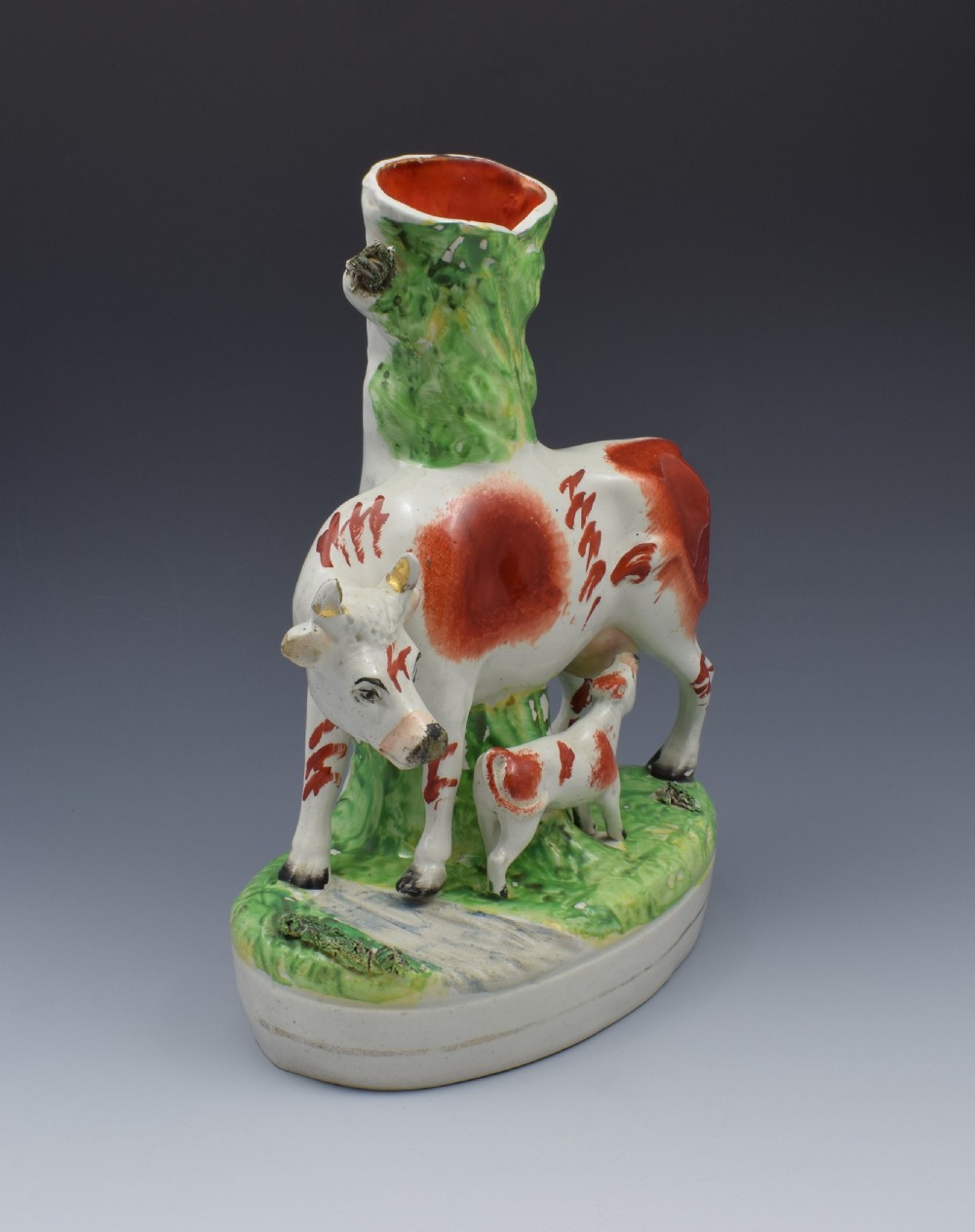 Large Victorian Staffordshire Spill Vase Cow & Calf Russet & White  View II